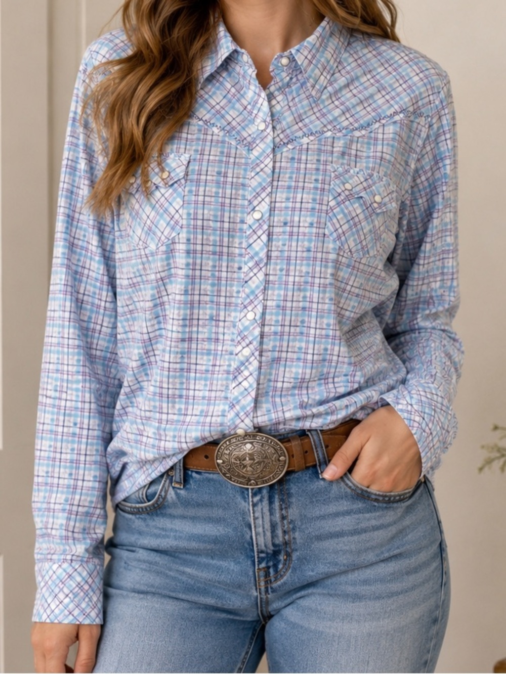 Cowgirl Up Plaid Western Snap Large Shirt Embroidered Floral Back